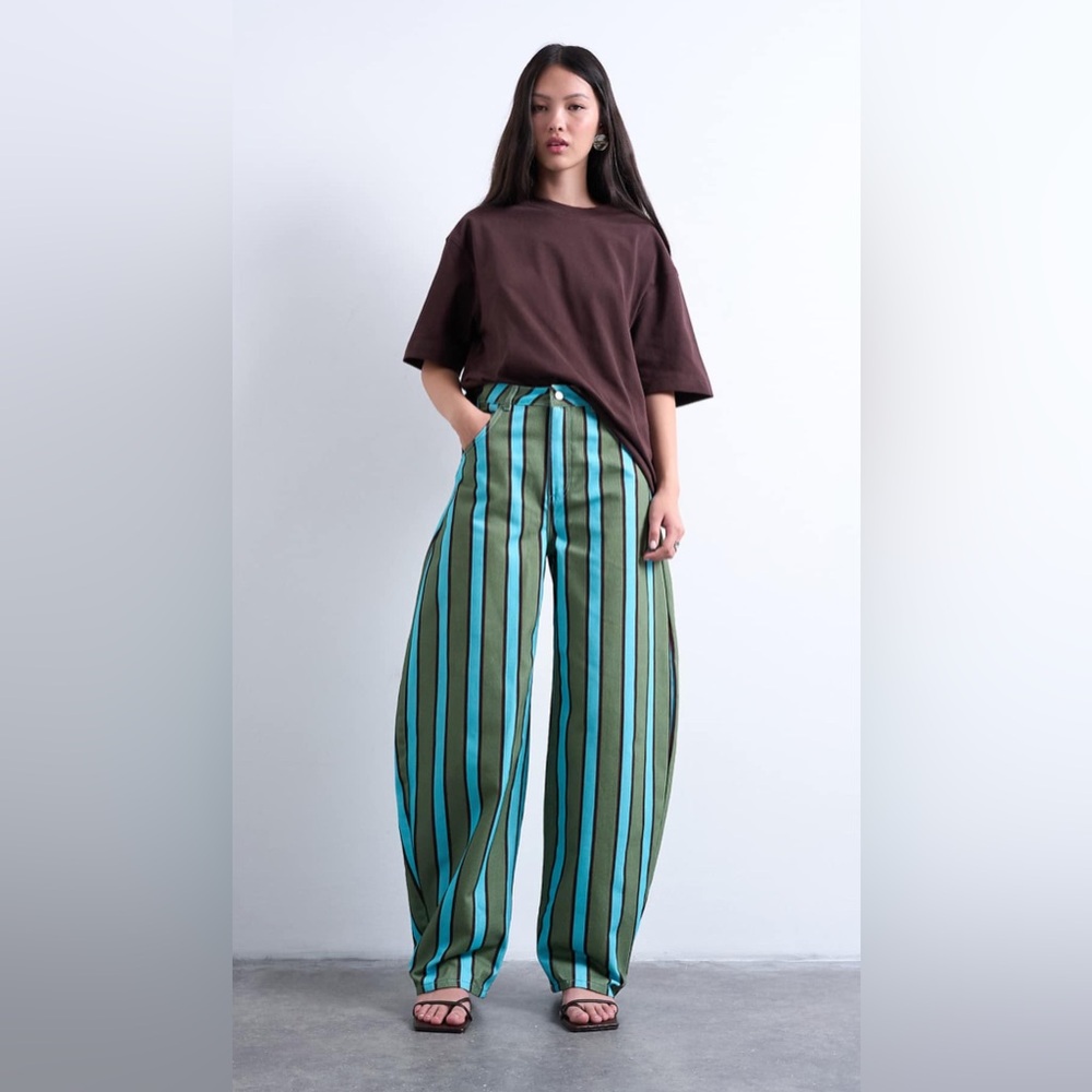 Topshop mid rise barrel leg pants in green and blue